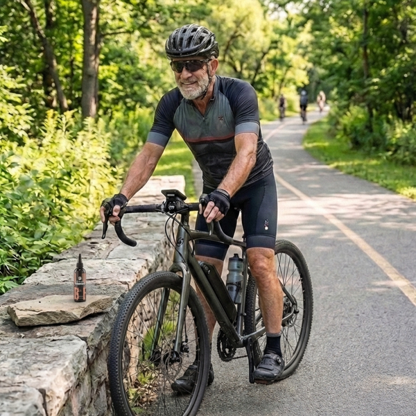 Man on a bicycle taking a break on a scenic road with trees and greenery.