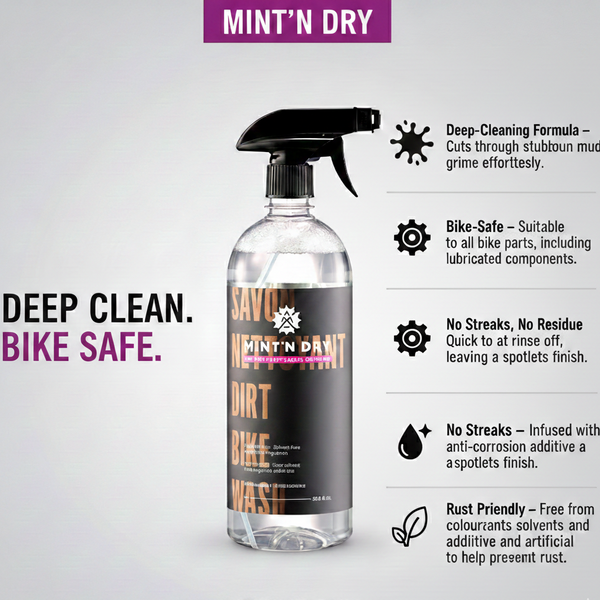 Bottle of 'Mint'n Dry' bike cleaning solution with product features on a light gray background.